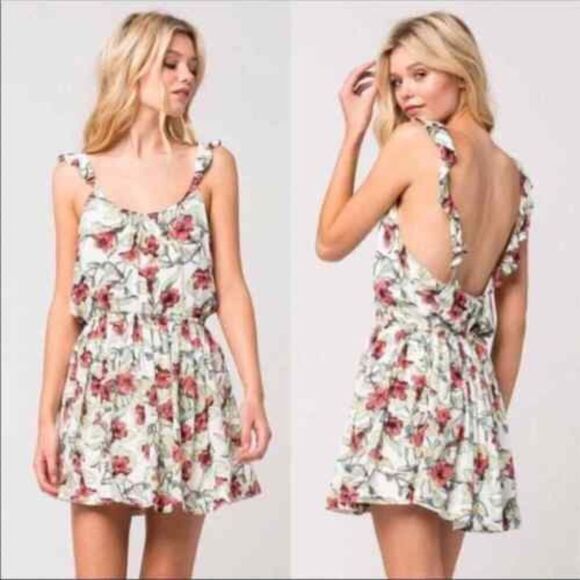 Free People Dresses & Skirts - Free People Dear You Floral Print Drawstring Waist Mini Dress Ruffle Strap Sz XS